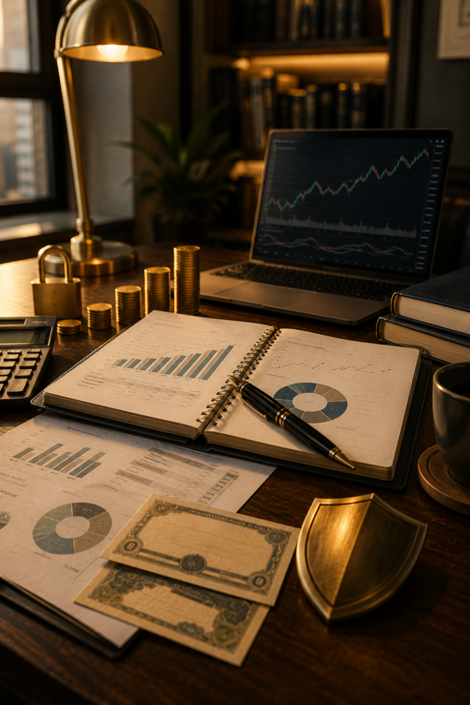 Laptop com gráfico financeiro ao lado de moedas e caderno com gráficos sobre renda fixa e investimentos.