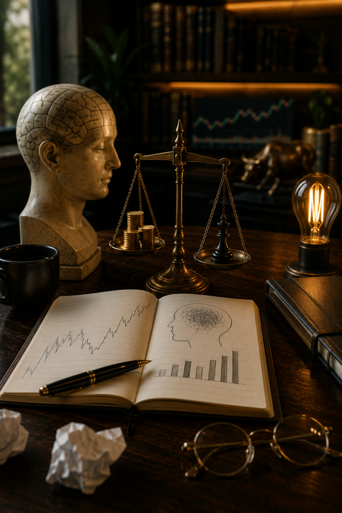 Balança de justiça ao lado de um busto e caderno com gráficos sobre psicologia do investidor.