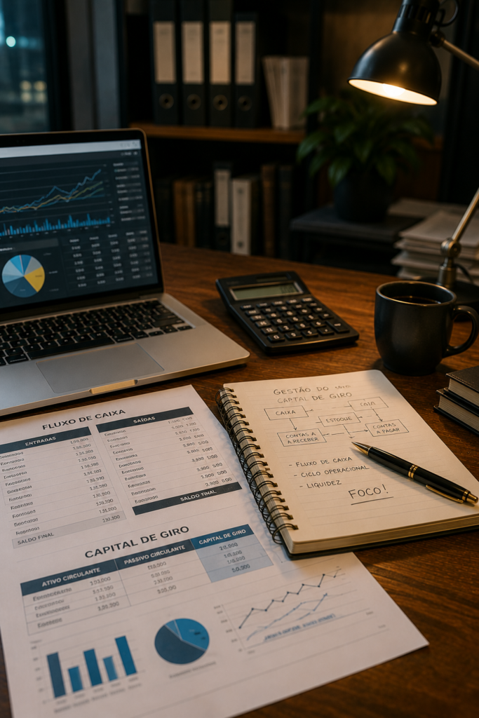 Mesa com laptop, calculadora e caderno com anotações sobre fluxo de caixa e capital de giro.