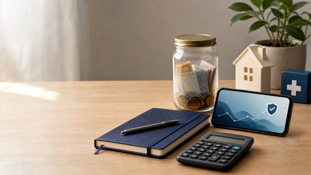 Mesa com caderno, calculadora, celular e pote com dinheiro, representando a organização de uma reserva financeira para imprevistos.